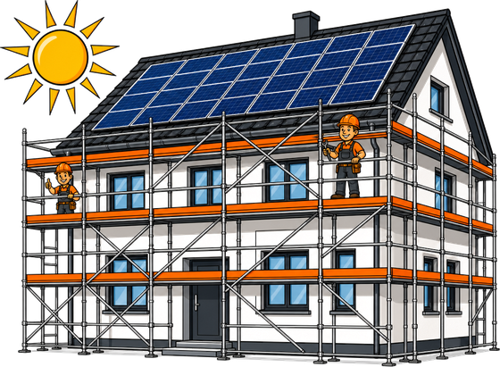 Komplett eingerüstetes Haus mit PV-Anlage und Gerüsthelden-Team